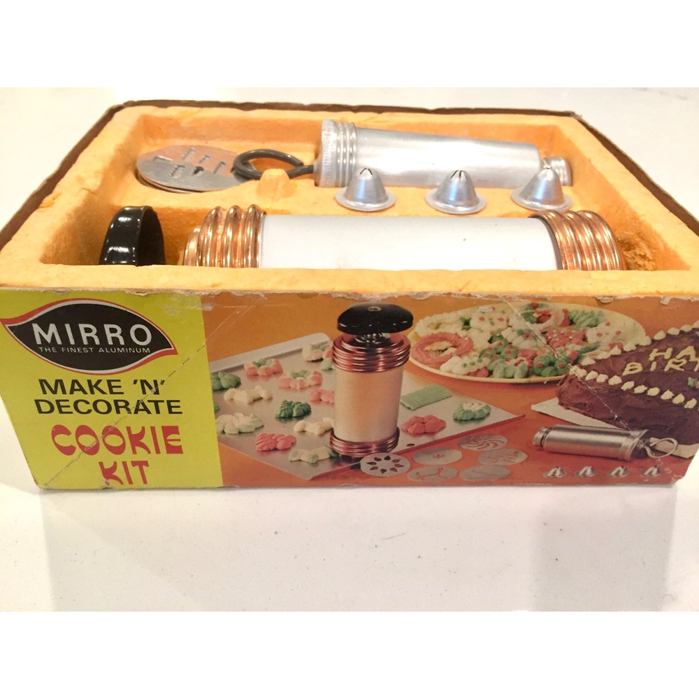 Vintage Mirro Aluminum Make N Decorate Cookie Kit Press Copper Accents Boxed Set